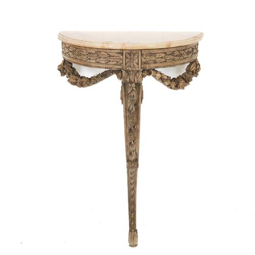 A WILLIAM IV MARBLE TOPPED DEMI LUNE CONSOLE TABLE