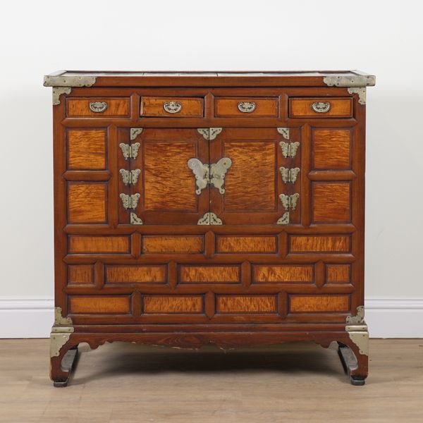 A LATE 19TH CENTURY CHINESE EXPORT HARDWOOD AND SATINWOOD SIDE CABINET