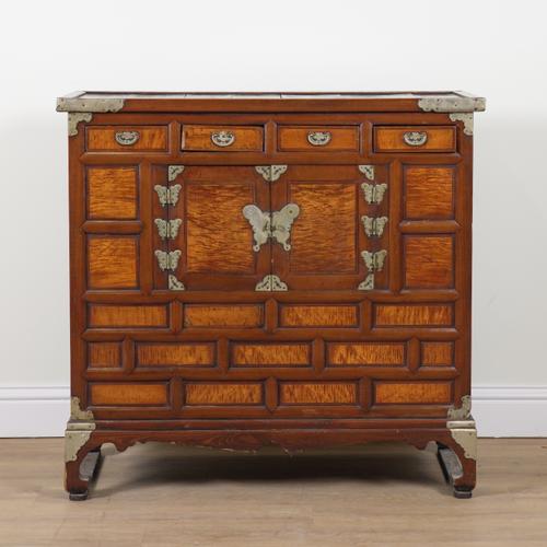 A LATE 19TH CENTURY CHINESE EXPORT HARDWOOD AND SATINWOOD SIDE CABINET