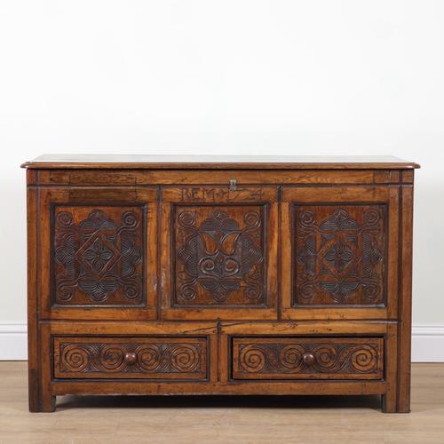 AN 18TH CENTURY AND LATER OAK MULE CHEST