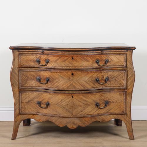 A GEORGE III CHEQUER STRUNG MAHOGANY SERPENTINE SHAPED COMMODE