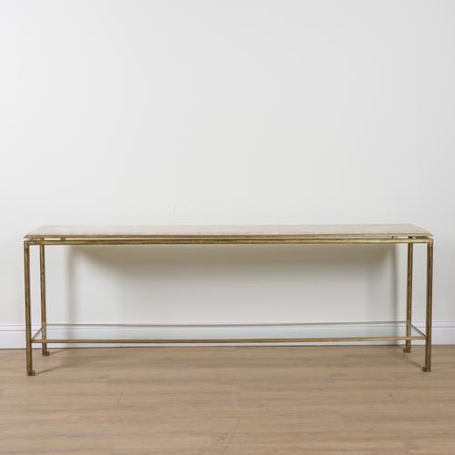 A MODERN LARGE MARBLE TOPPED RECTANGULAR TWO TIER CONSOLE TABLE