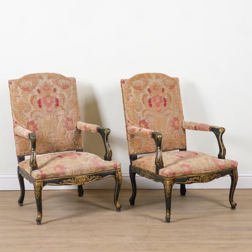 A PAIR OF LOUIS  XV STYLE GREEN PAINTED PARCEL GILT OPEN ARMCHAIRS (2)