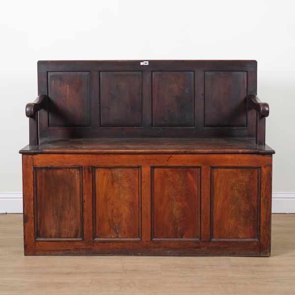 A 19TH CENTURY MAHOGANY OPEN ARM BOX SEAT SETTLE