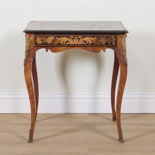 A 19TH CENTURY FRENCH MARQUETRY INLAID ROSEWOOD AND EBONY SINGLE DRAWER SIDE TABLE