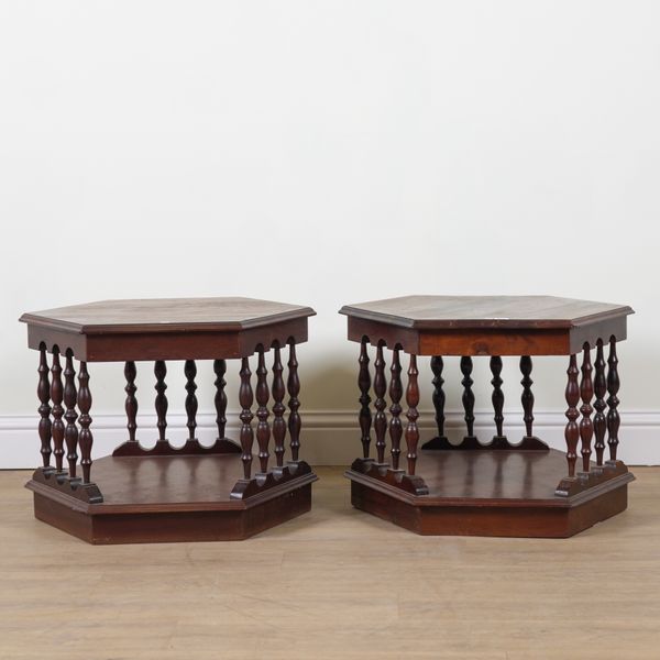 A PAIR OF MID 20TH CENTURY TEAK HEXAGONAL TWO TIER OCCASIONAL TABLES (2)