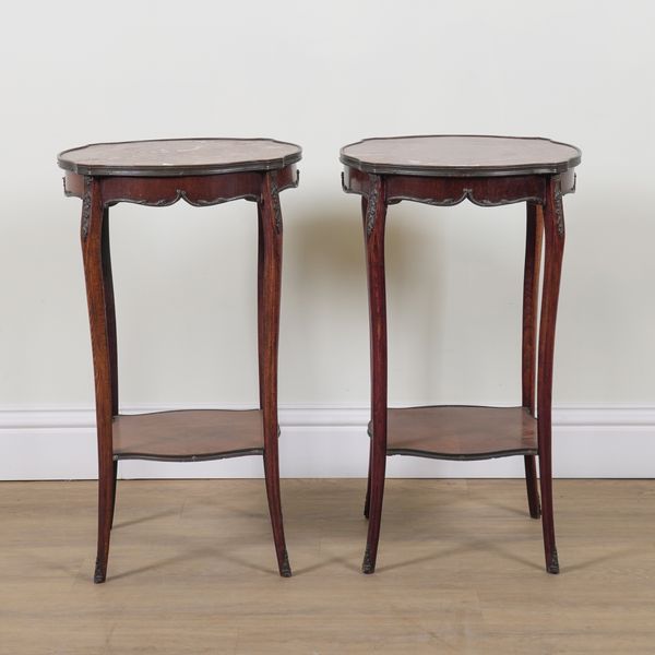 A PAIR OF LOUIS XVI STYLE MARBLE INSET TWO TIER OCCASIONAL TABLES (2)