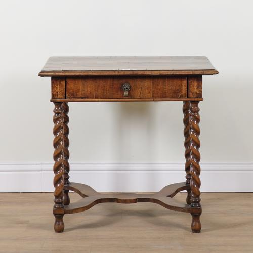 A 17TH CENTURY AND LATER CROSS BANDED WANLUT SINGLE DRAWER SIDE TABLE