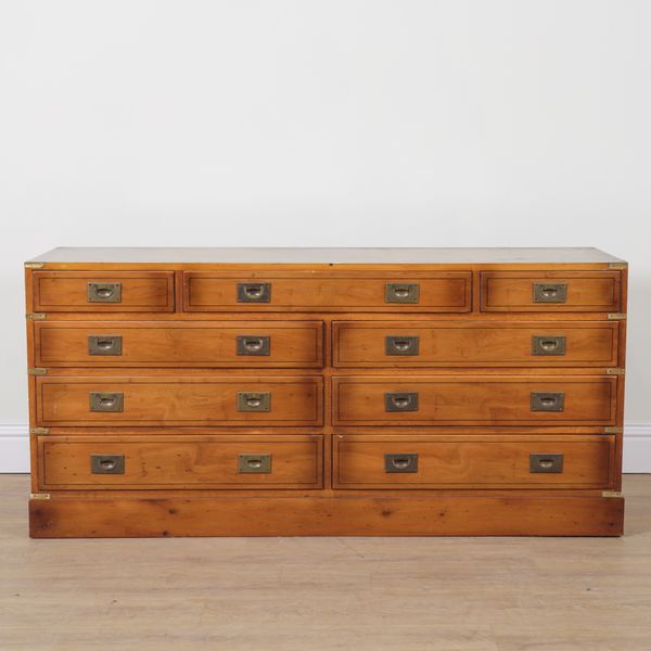 A CAMPAIGN STYLE YEW WOOD LOW SIDE CHEST