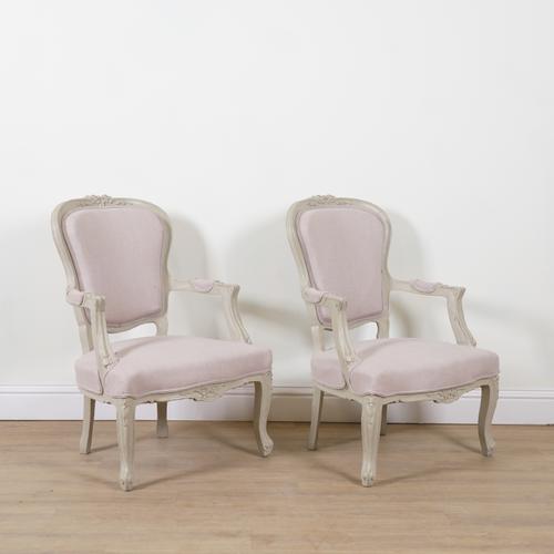 A PAIR OF LOUIS XV STYLE GREY PAINTED OPEN ARMCHAIRS (2)