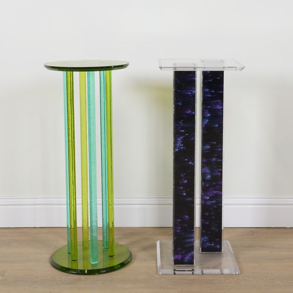 POSSIBLY HAZIZA; TWO COLOURED ACRYLIC PEDESTALS (2)