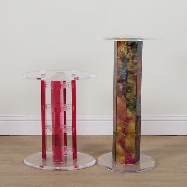 POSSIBLY HAZIZA; TWO COLOURED ACRYLIC PEDESTALS (2)