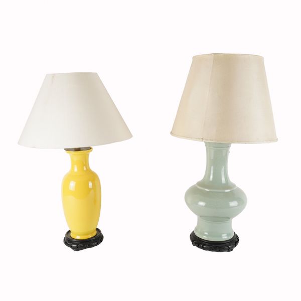 A CHINESE CELADON TABLE LAMP AND A YELLOW BALUSTER TABLE LAMP (2)