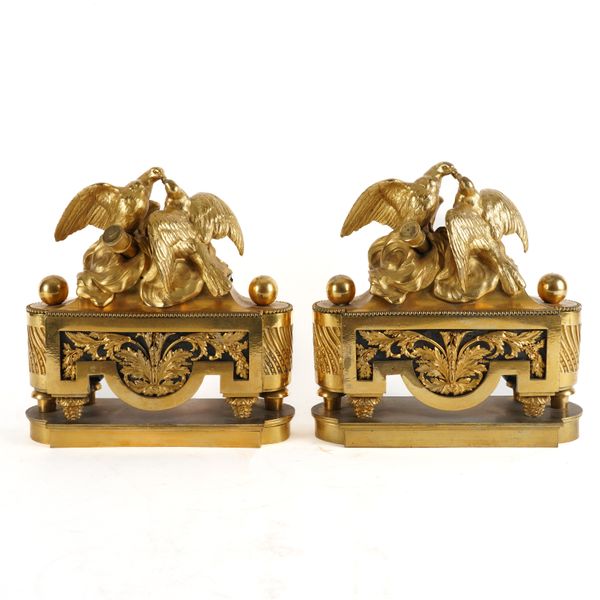 A PAIR OF FRENCH GILT BRONZE CHENETS OR ANDIRONS (2)