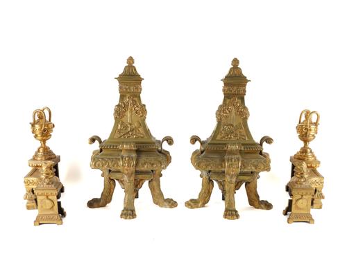 TWO PAIRS OF GILT BRONZE ANDIRONS OR CHENETS (4)