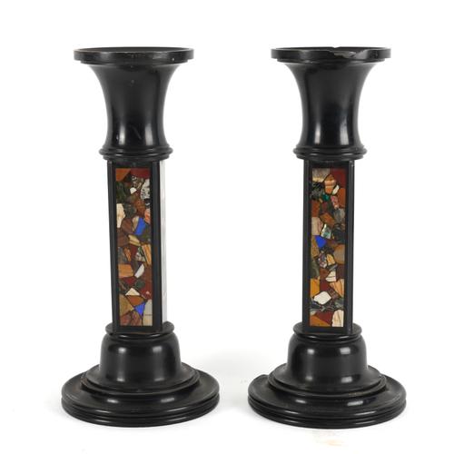 A PAIR OF DERBYSHIRE SLATE AND PIETRA DURA INLAID CANDLESTICKS (2)
