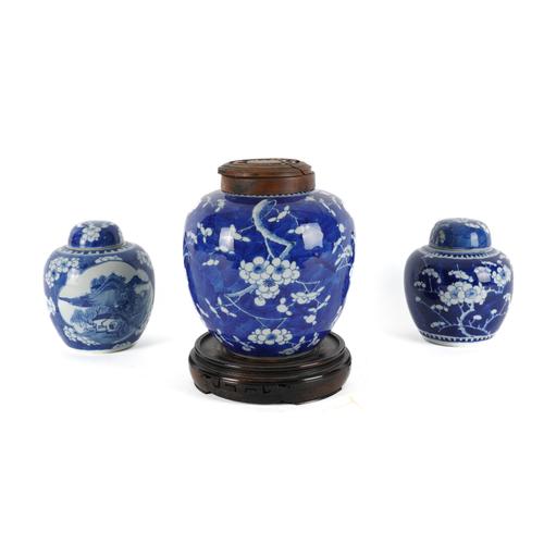THREE CHINESE BLUE AND WHITE PRUNUS BLOSSOM GINGER JARS (3)