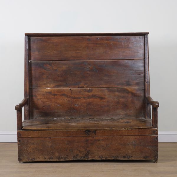A 17TH CENTURY AND LATER OAK AND ELM HIGH BACK SETTLE