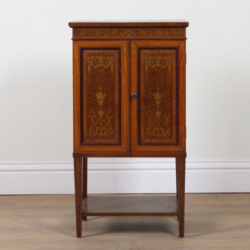 EDWARD & ROBERTS; AN EDWARDIAN MAHOGANY MARQUETRY INLAID TWO DOOR SIDE CUPBOARD