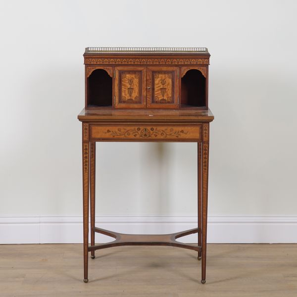 AN EDWARDIAN MARQUETRY INLAID SATINWOOD BONHEUR DU JOUR