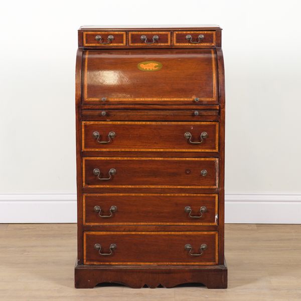 AN EDWARDIAN SATINWOOD BANDED MAHOGANY CYLINDER BUREAU