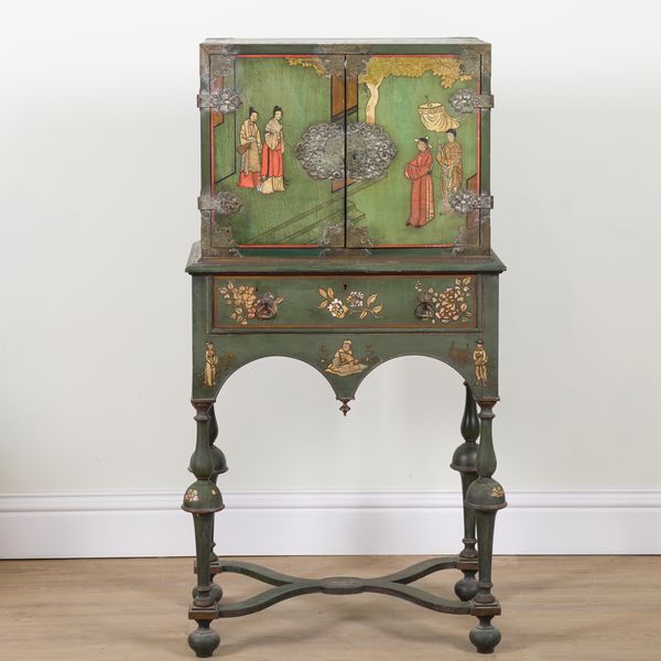 A 20TH CENTURY BRASS BOUND GREEN LACQUERED CABINET ON STAND