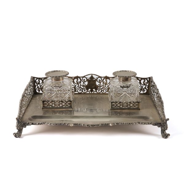 A VICTORIAN SILVER GALLERIED INKSTAND