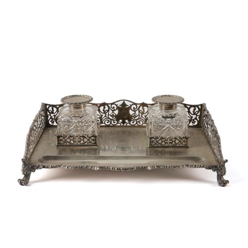 A VICTORIAN SILVER GALLERIED INKSTAND