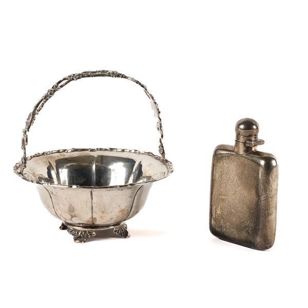 A SILVER SPIRIT FLASK AND A SILVER BONBON BASKET (2)