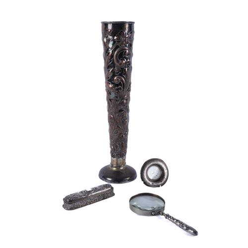 A VICTORIAN SILVER HINGED LIDDED DRESSING TABLE BOX AND THREE FURTHER ITEMS (4)