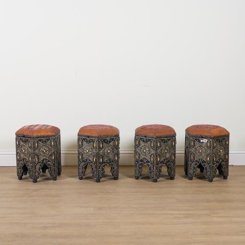 A SET OF FOUR METAL AND BONE MOUNTED MOORISH STYLE HEXAGONAL LIFT TOP STOOLS (4)