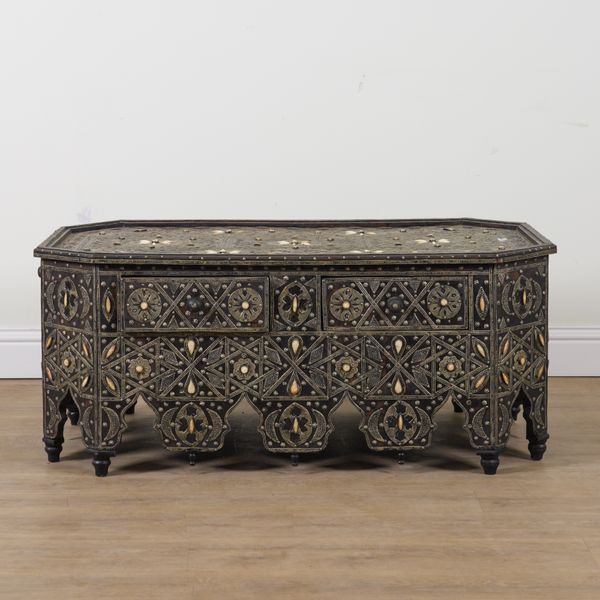 A METAL AND BONE MOUNTED MOORISH STYLE CANTED RECTANGULAR COFFEE TABLE