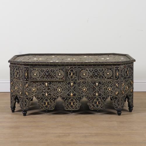 A METAL AND BONE MOUNTED MOORISH STYLE CANTED RECTANGULAR COFFEE TABLE