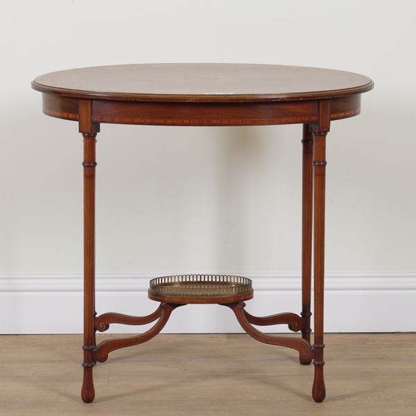 AN EDWARDIAN SATINWOOD INLAID MAHOGANY OVAL TWO TIER OCCASIONAL TABLE
