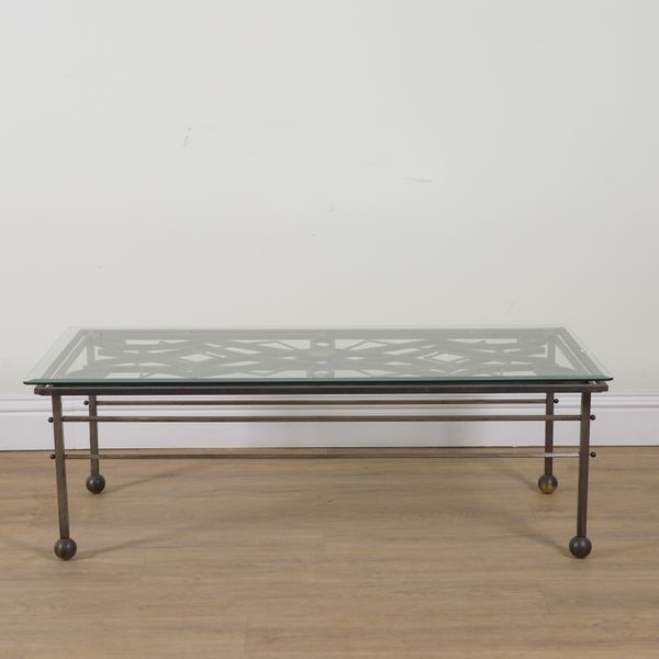 A 20TH CENTURY GLASS TOPPED METAL RECTANGULAR COFFEE TABLE