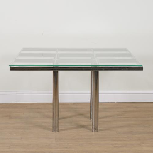 A 20TH CENTURY SQUARE GLASS TOPPED DINING TABLE