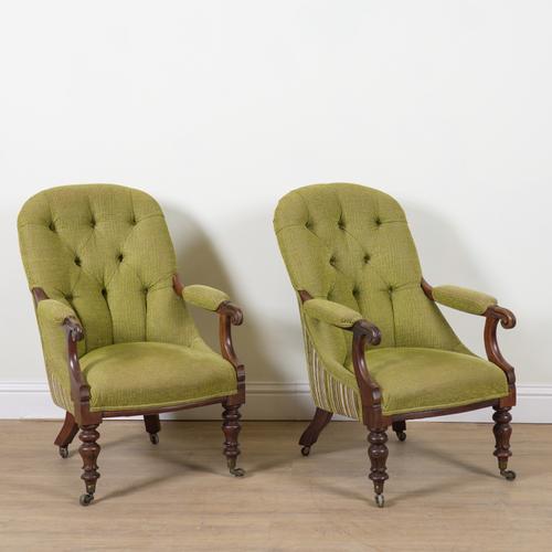 A NEAR PAIR OF WILLIAM IV ROSEWOOD FRAMED OPEN ARMCHAIRS (2)