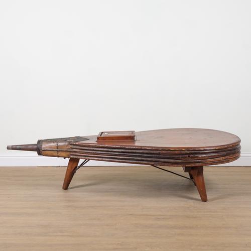 A LARGE LATE 19TH CENTURY WALNUT AND LEATHER BLACKSMITH'S BELLOWS
