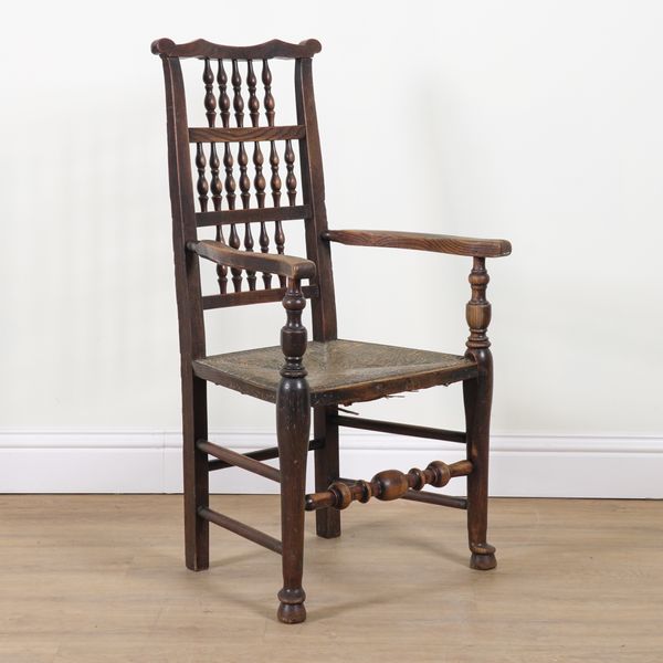 AN 18TH CENTURY ASH AND ELM SPINDLE BACK OPEN ARMCHAIR