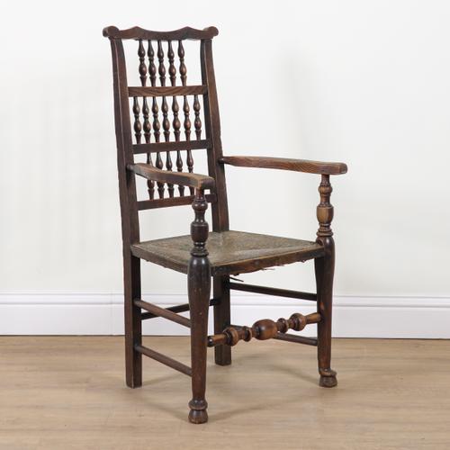 AN 18TH CENTURY ASH AND ELM SPINDLE BACK OPEN ARMCHAIR