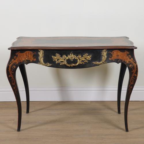 A LATE 19TH CENTURY LOUIS XV STYLE GILT METAL MOUNTED MARQUETRY INLAID CENTRE WRITING TABLE