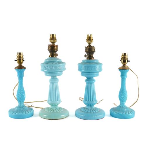 TWO PAIRS OF VICTORIAN BLUE OPALINE GLASS TABLE LAMPS (4)