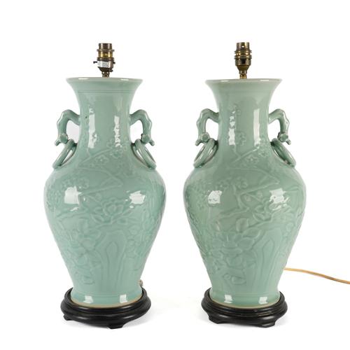 A PAIR OF CELADON TWIN HANDLED BALUSTER SHAPED TABLE LAMPS (2)