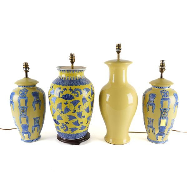 FOUR YELLOW GROUND VASE TABLE LAMPS