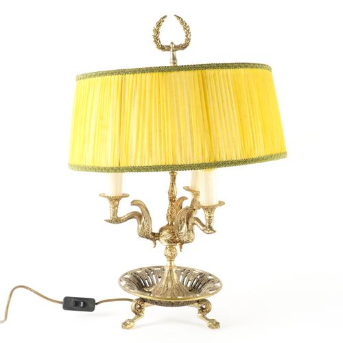 AN EMPIRE STYLE GILT-METAL THREE LIGHT BOUILLOTTE TABLE LAMP
