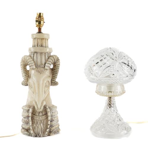 AN EGYPTIAN ALABASTER RAM'S HEAD TABLE LAMP AND ANOTHER (2)