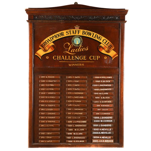 A MAHOGANY GILT-HEIGHTENED TROPHY BOARD FOR BROADMOOR STAFF BOWLING CLUB 1955-2005