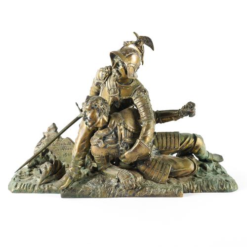 AFTER EMILE VICTOR BLAVIER (FRENCH,19th CENTURY): A BRONZE FIGURE GROUP DEPCITCING THE DEATH OF LOUIS DE BOURBON, THE COUNT OF SOISSONS