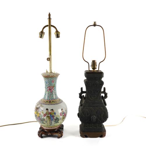 A CHINESE FAMILLE ROSE VASE TABLE LAMP AND A SOUTH EAST ASIAN BRONZE METAL VASE TABLE LAMP (2)