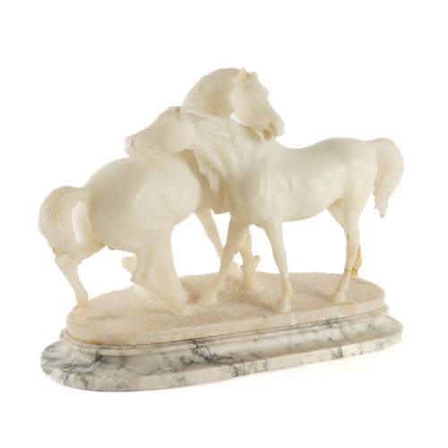 AFTER PIERRE-JULES MENE 91810-1879): A CARVED ALABASTER EQUESTRIAN SCULPTURE KNOWN AS 'L' ACCOLADE' OR THE EMBRACE
